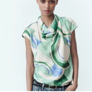 Zara Satin Effect Printed Drape Neck Top Green Blue Abstract Blouse Size M